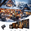 Outdoor LED projector light showing festive Halloween and Christmas patterns illuminating a snowy house facade.