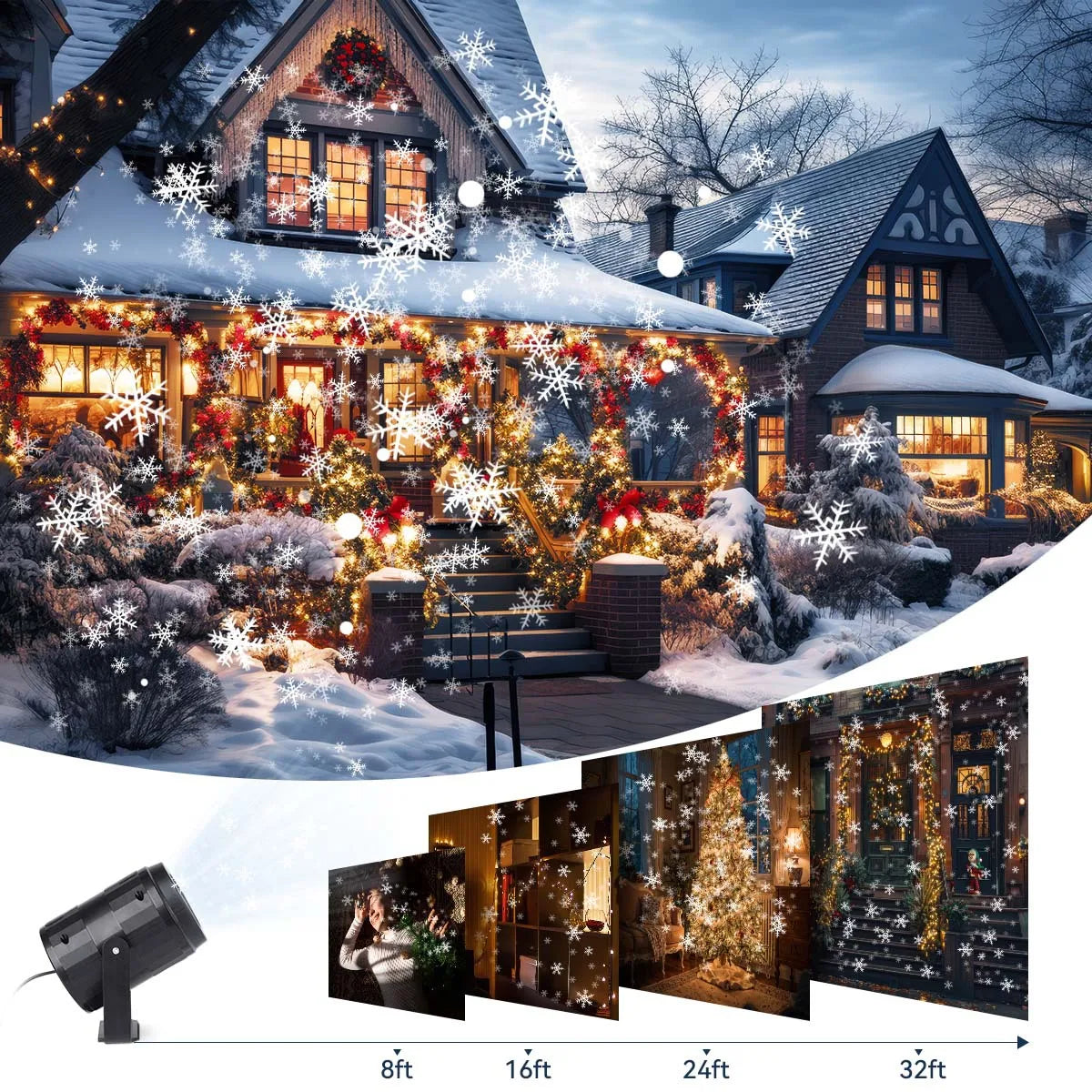 Outdoor LED projector light showing festive Halloween and Christmas patterns illuminating a snowy house facade.
