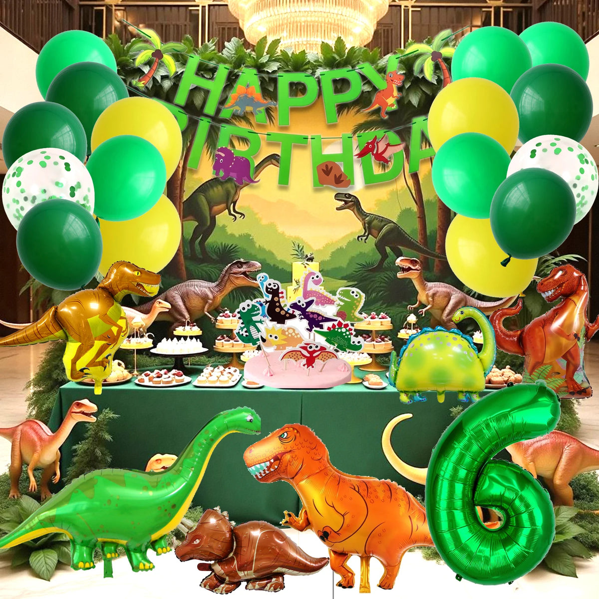 A colorful dinosaur party decoration kit featuring foil balloons, a banner, and a cake topper surrounded by various dinosaur 