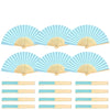 A set of elegant paper hand fans in light blue and white stripes, shown with accompanying gift bags and thank you cards.