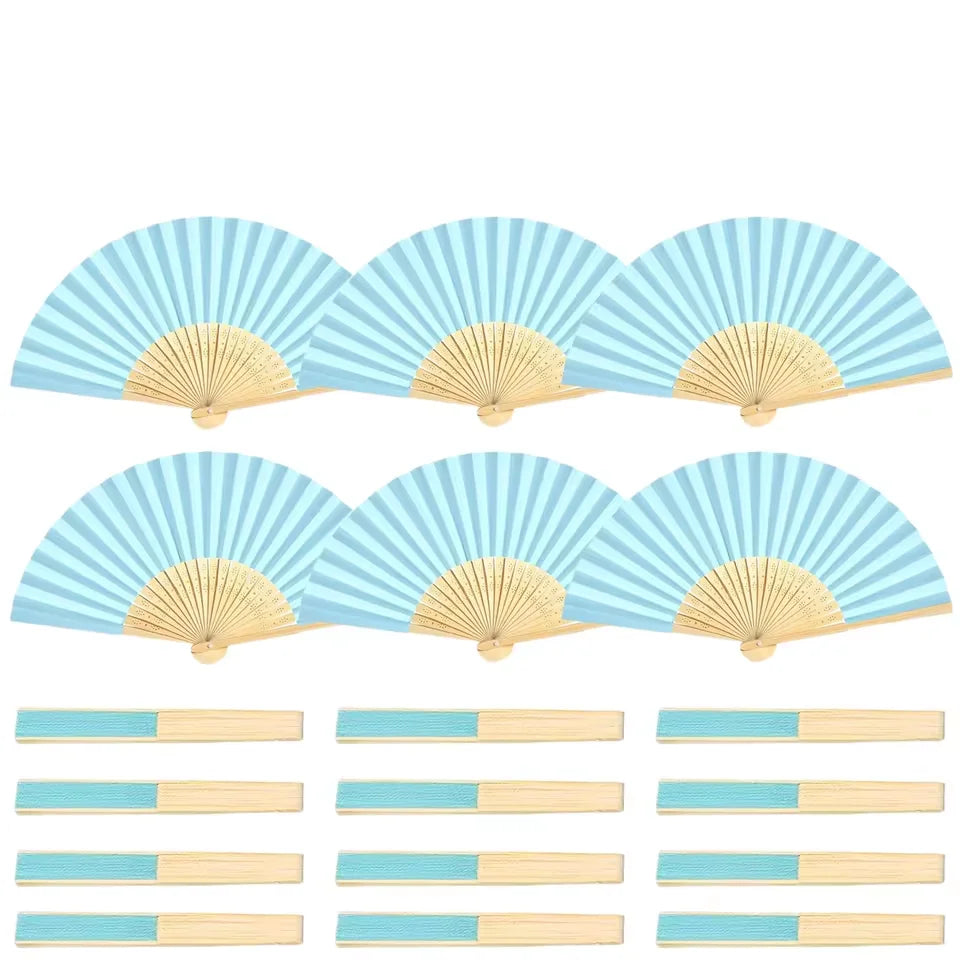 A set of elegant paper hand fans in light blue and white stripes, shown with accompanying gift bags and thank you cards.