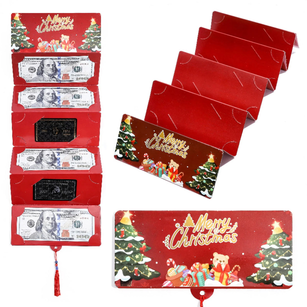 A festive red cash gift box with ten slots for holiday money, featuring Christmas trees and festive designs.
