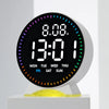A round digital alarm clock displaying 8:08 and the day of the week, with a white face and yellow base.