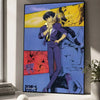 A vertical poster featuring a stylized illustration of Spike Spiegel from Cowboy Bebop in purple attire against a blue backgr