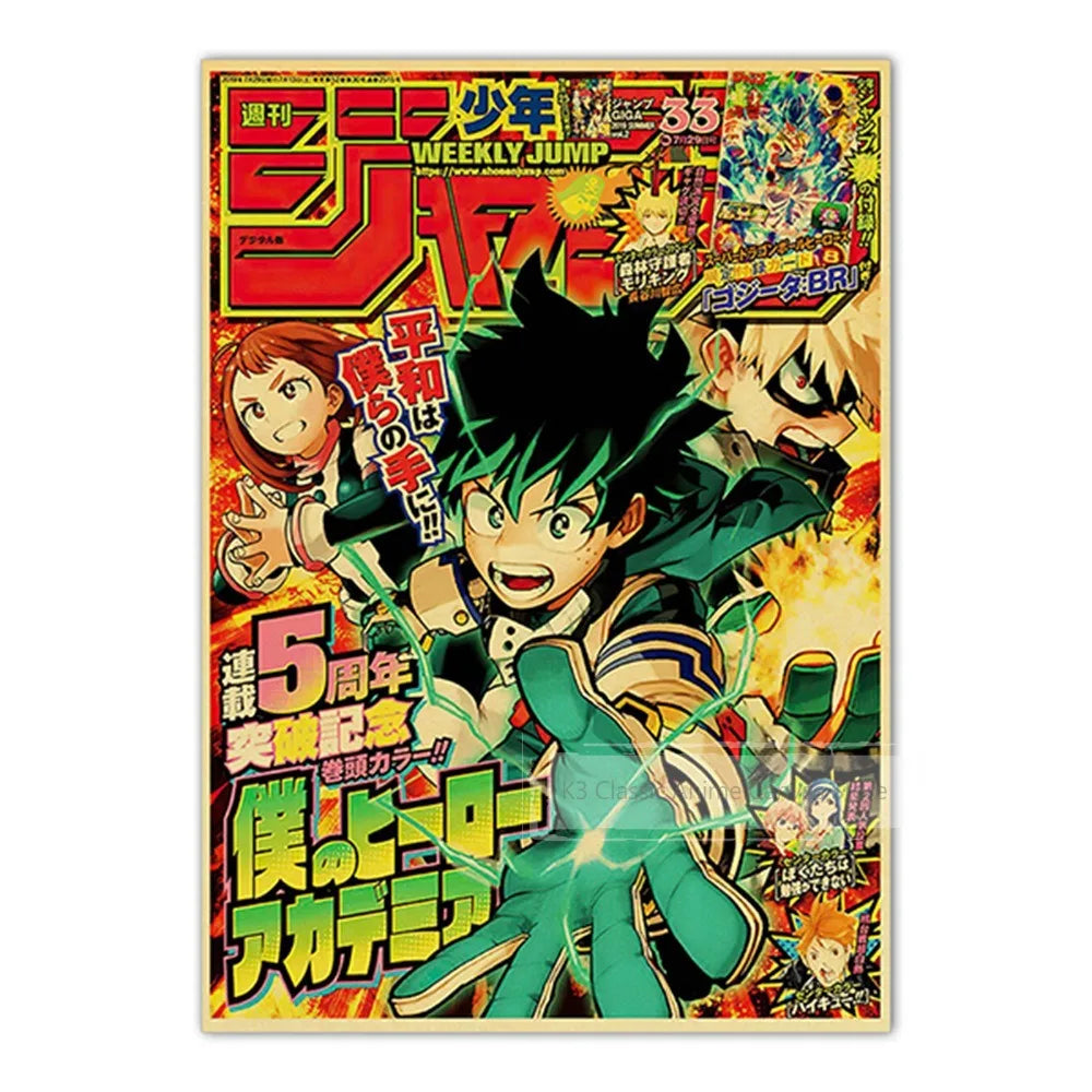 A poster featuring characters from JoJo, Jujutsu Kaisen, and Demon Slayer anime series.