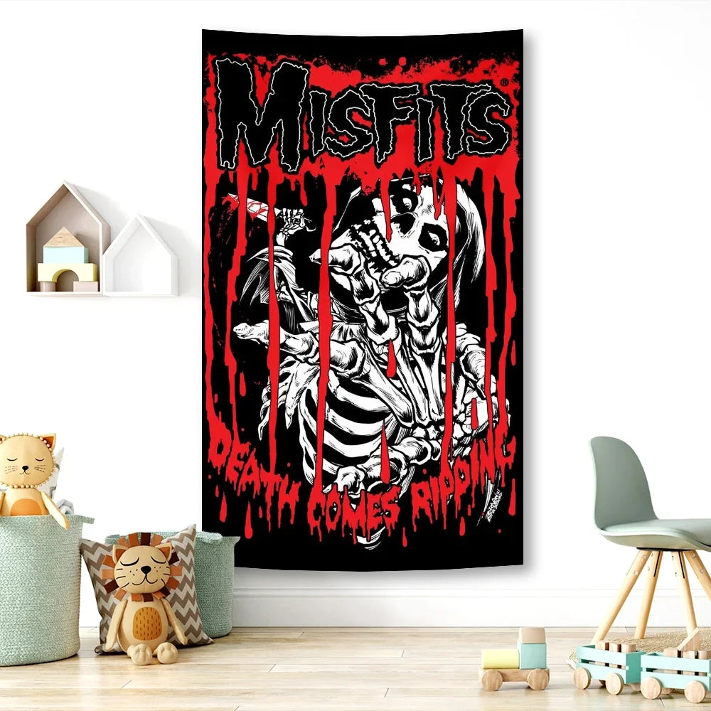 A black and red tapestry featuring the band name MISFITS in a distressed font with dripping blood effects.