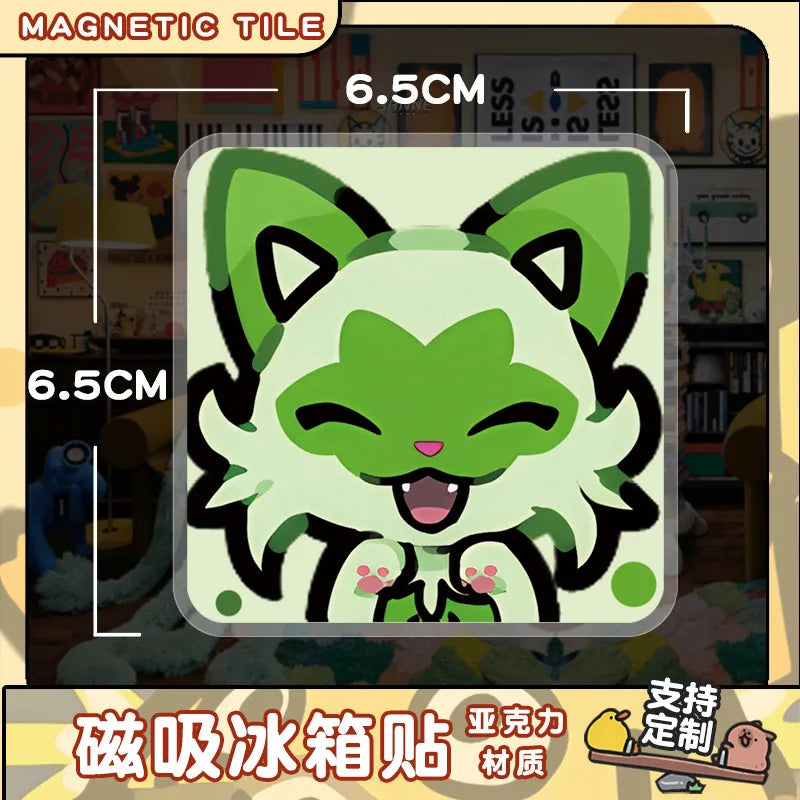 A green, stylized Pokémon face tile for a magnetic tile set.