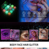 A collection of 12 cosmetic glitter colors including UV black light glow glitter and body face hair glitter products.