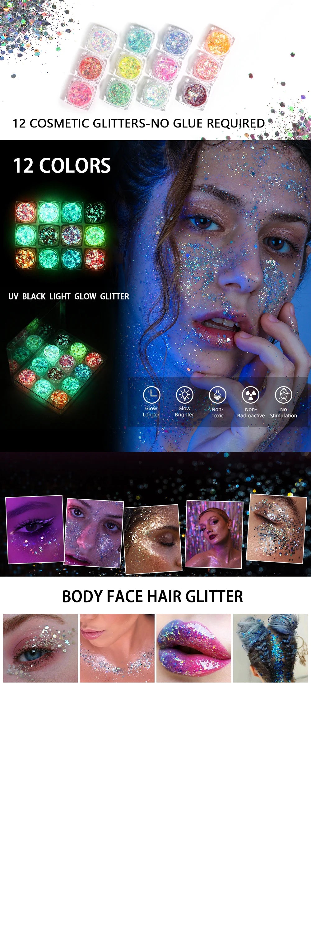 A collection of 12 cosmetic glitter colors including UV black light glow glitter and body face hair glitter products.