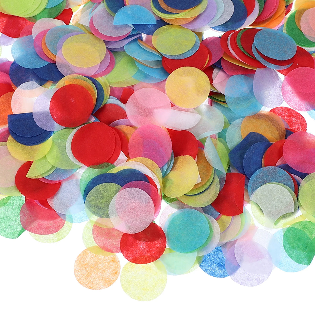 A colorful mix of round tissue paper confetti dots in shades of red, pink, green, yellow, and blue.