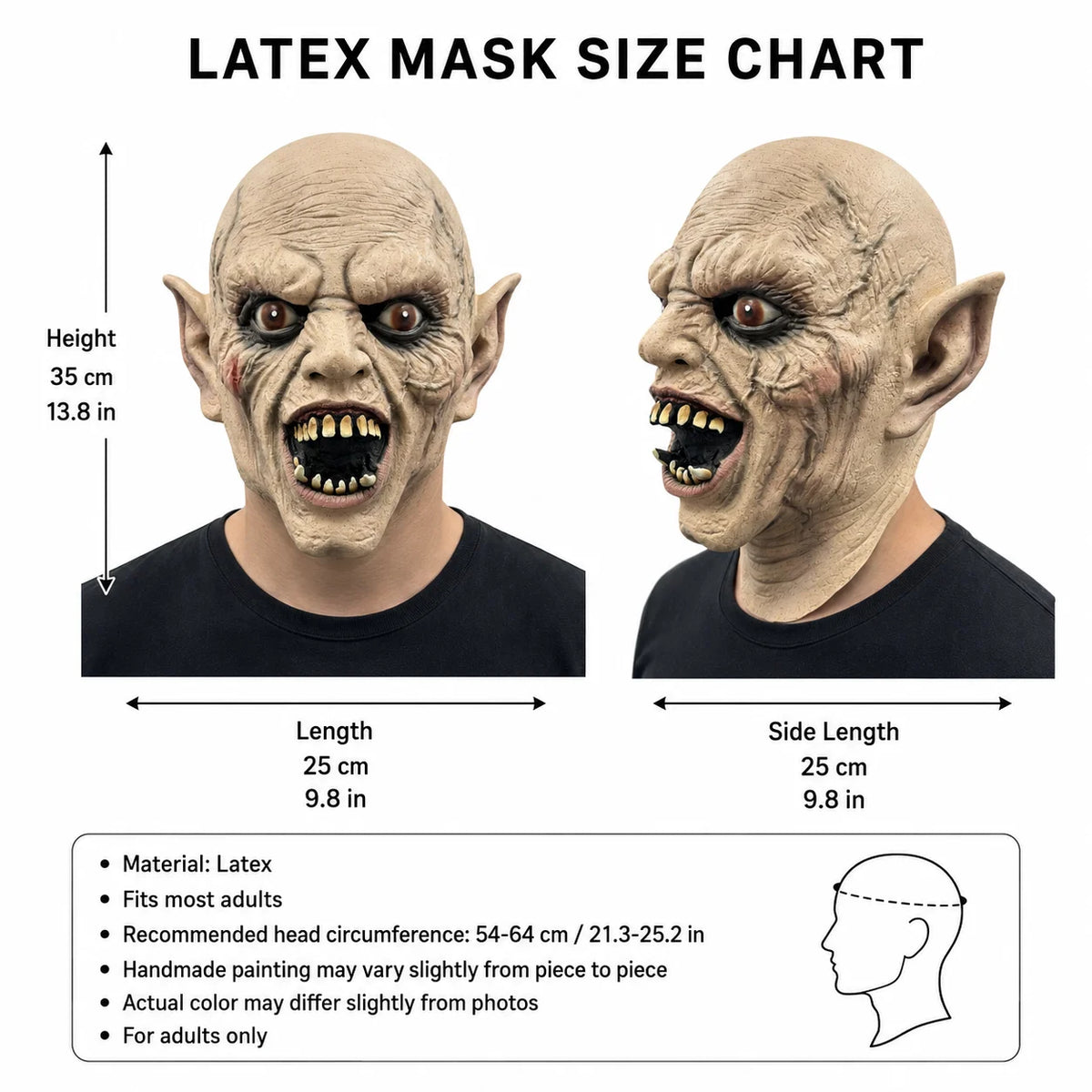 Size chart showing dimensions for a realistic demon latex mask, including height and length.