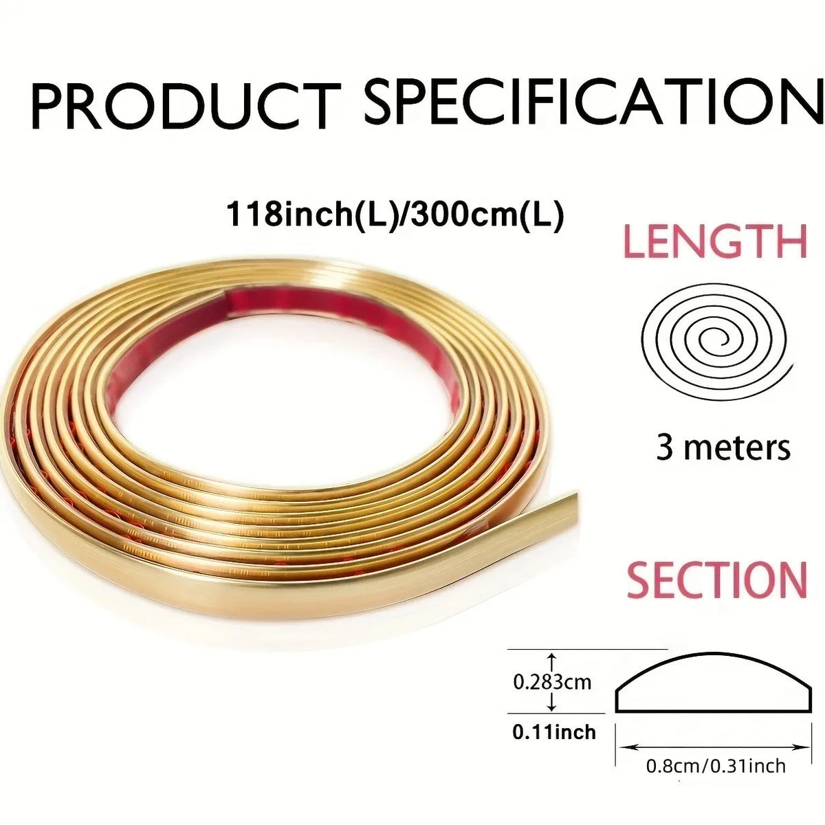 A coil of gold-colored PVC wall trim tape measuring 3 meters long with a specified section dimension.