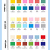 A display showing various color cards and paint colors ranging from yellow to black.