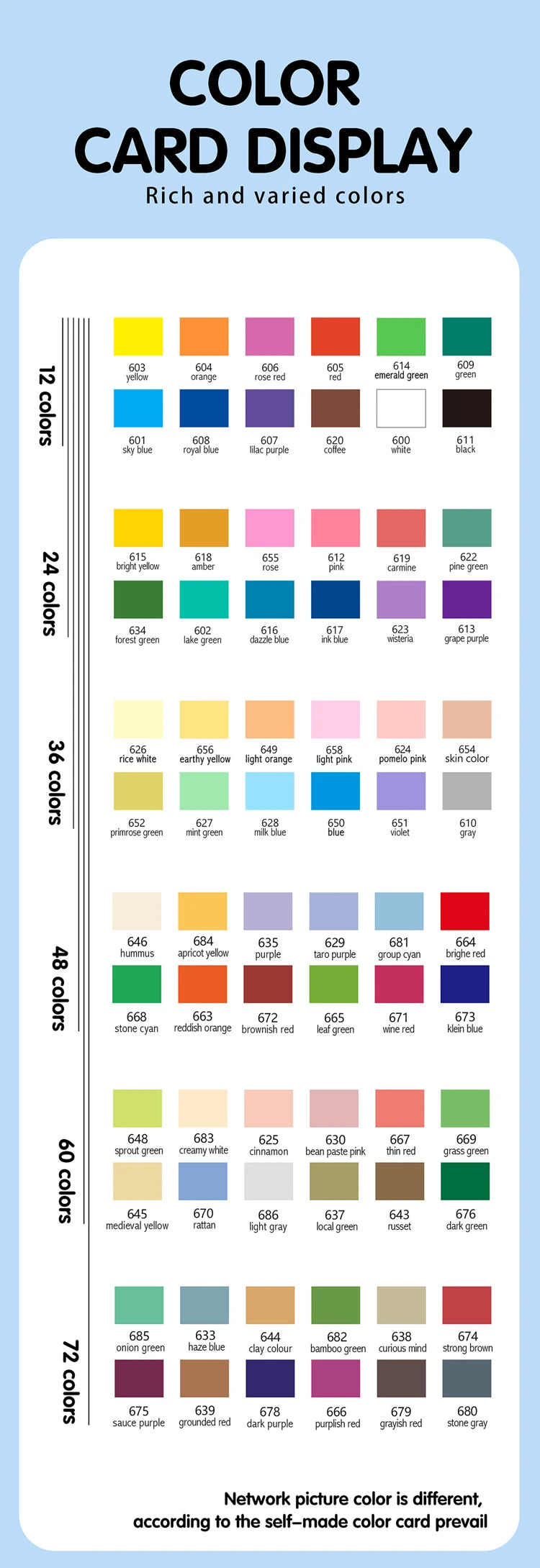 A display showing various color cards and paint colors ranging from yellow to black.