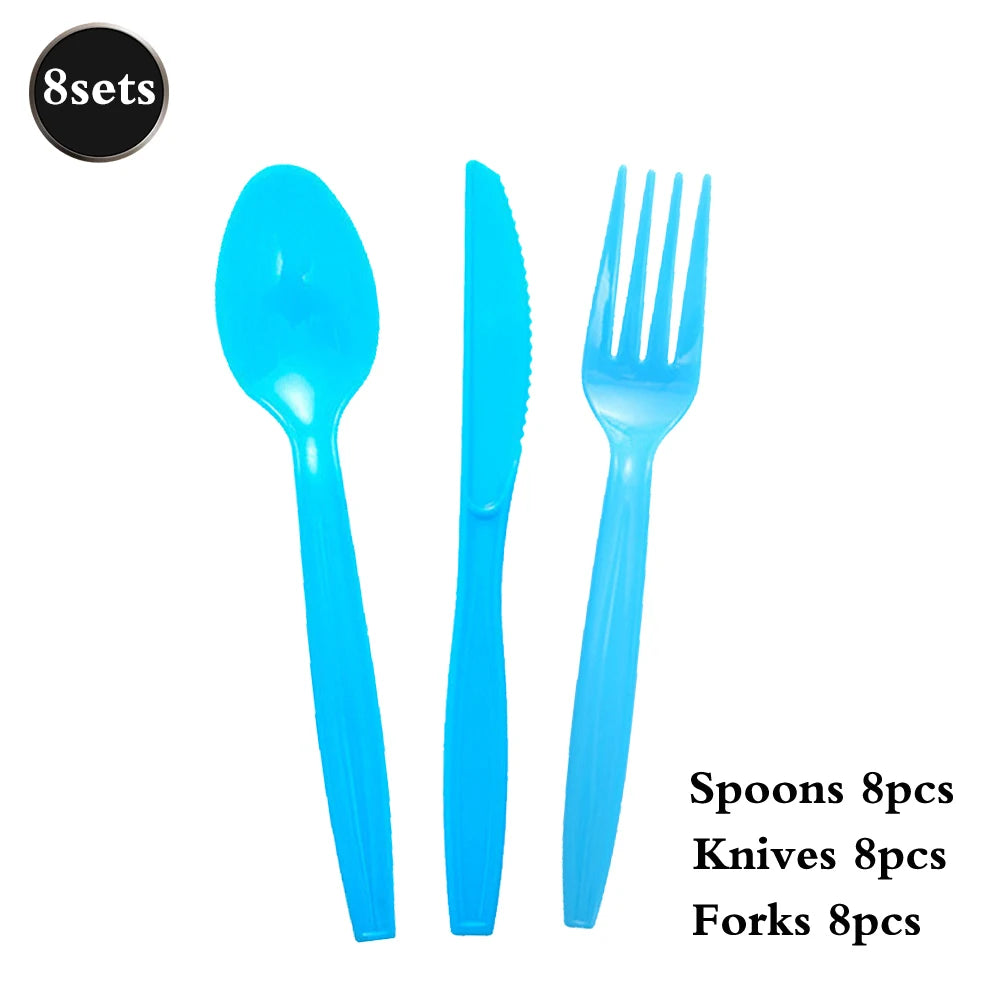 A set of blue spoons, knives, and forks for dining or party supplies.