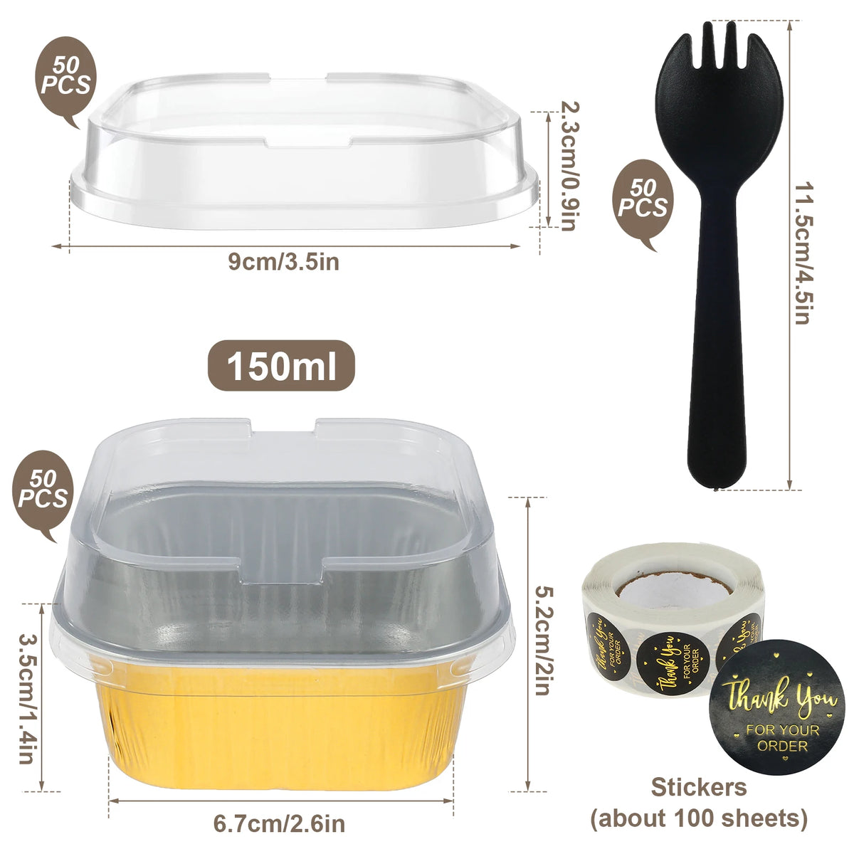 Reusable aluminum foil baking cups with lids and spoons shown in various sizes and quantities