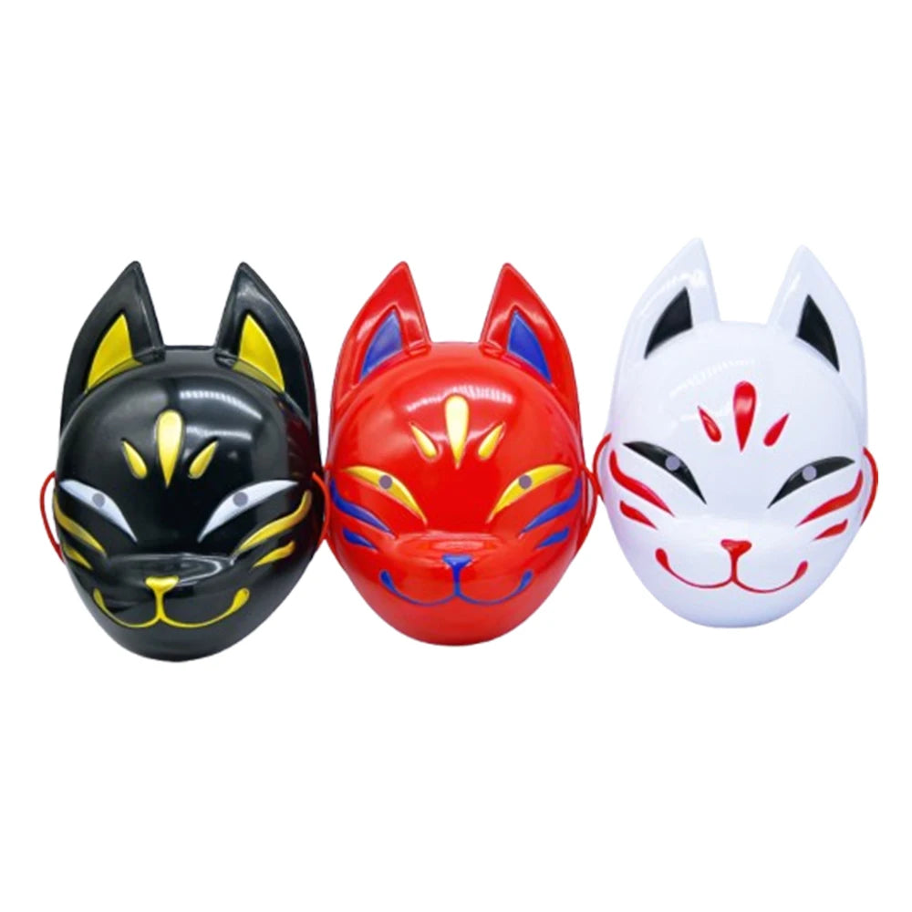 Three fox face masks in black, red, and white for Halloween and costume parties