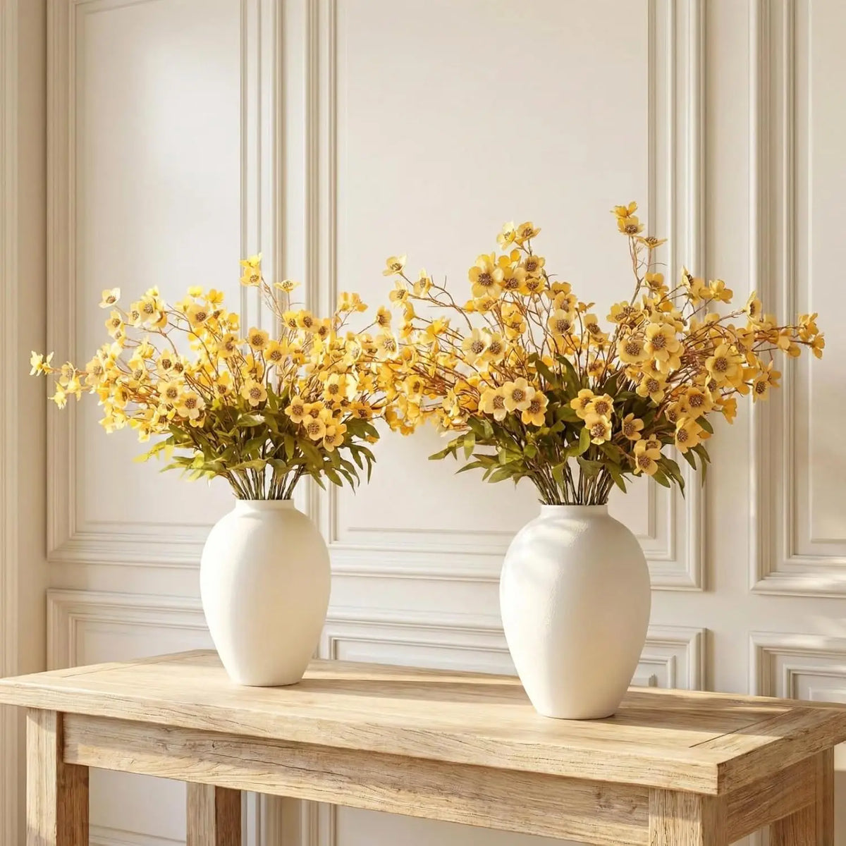 Two white ceramic vases hold arrangements of yellow dried flowers on a light wood table against a white paneled wall.