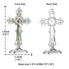 A silver metal crucifix desk cross with a self-adhesive base shown from the front and back sides.