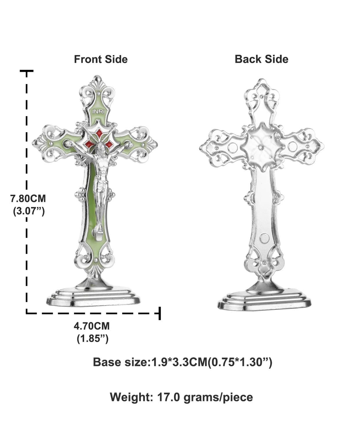 A silver metal crucifix desk cross with a self-adhesive base shown from the front and back sides.