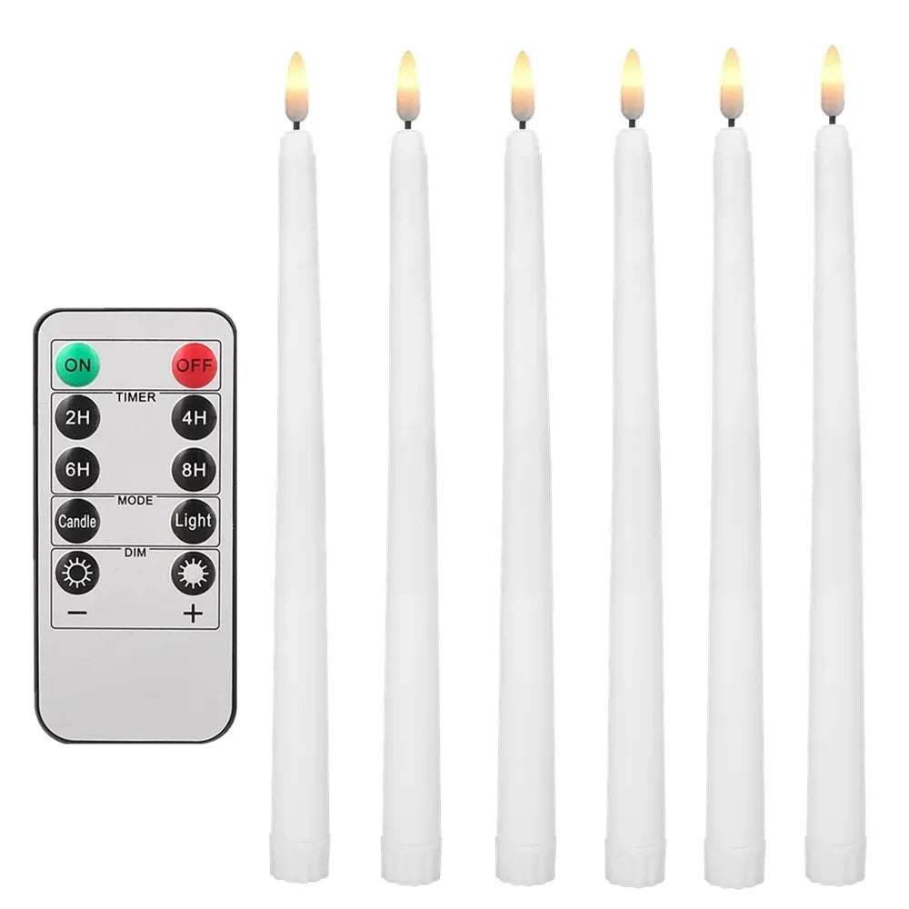 A set of white flameless LED taper candles with a remote control for timer and light functions.