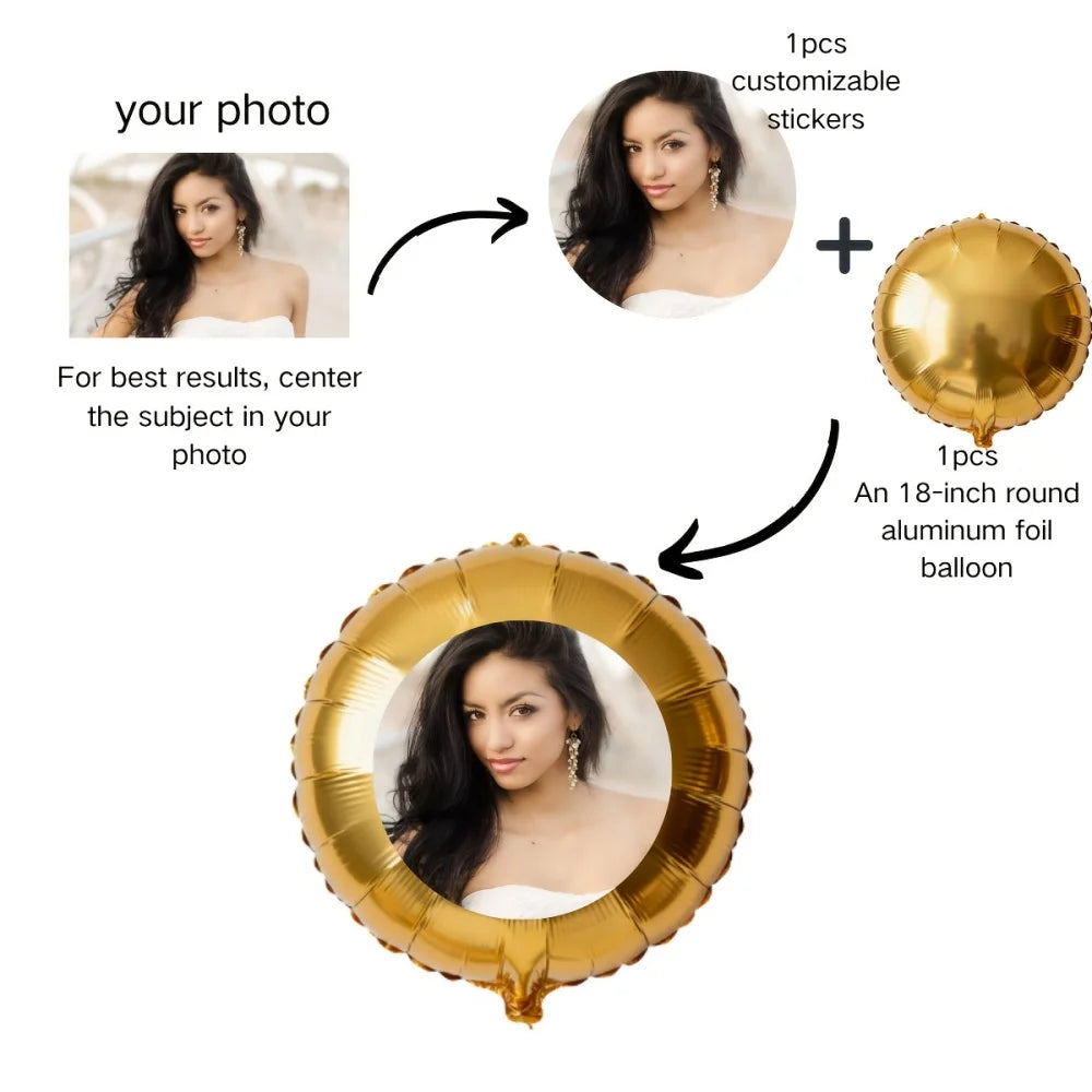 A gold foil balloon is shown next to a photo template and customizable stickers for creating a custom photo balloon.