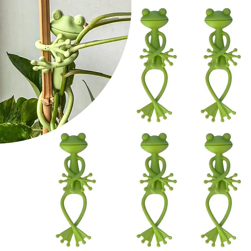 Green frog-shaped plant support clips used for climbing plants and tomatoes