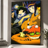 A vibrant anime poster featuring Spike Spiegel and Faye Valentine from Cowboy Bebop in a dynamic pose.