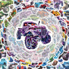 A circular sticker pack featuring various monster truck decals in vibrant colors and styles.