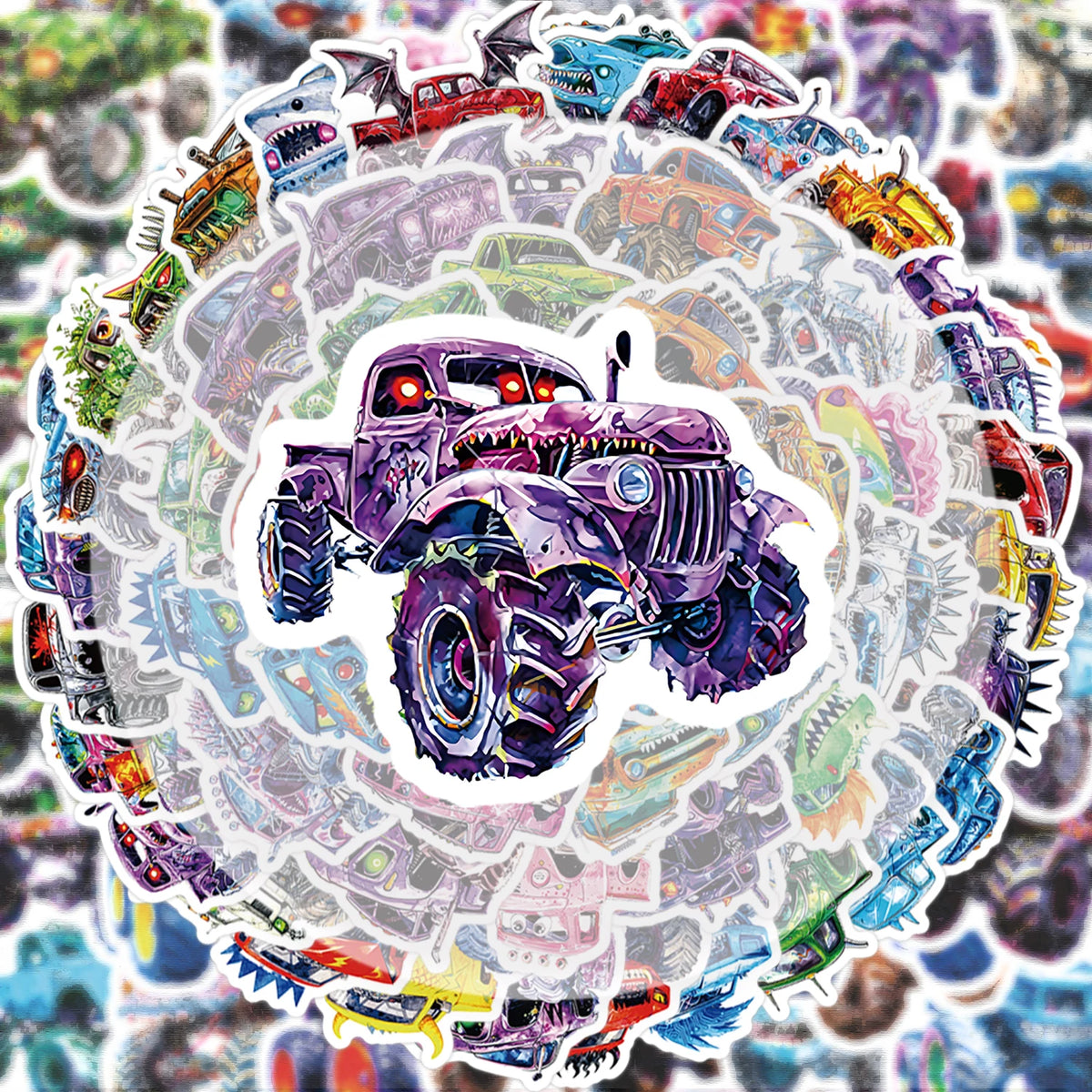 A circular sticker pack featuring various monster truck decals in vibrant colors and styles.