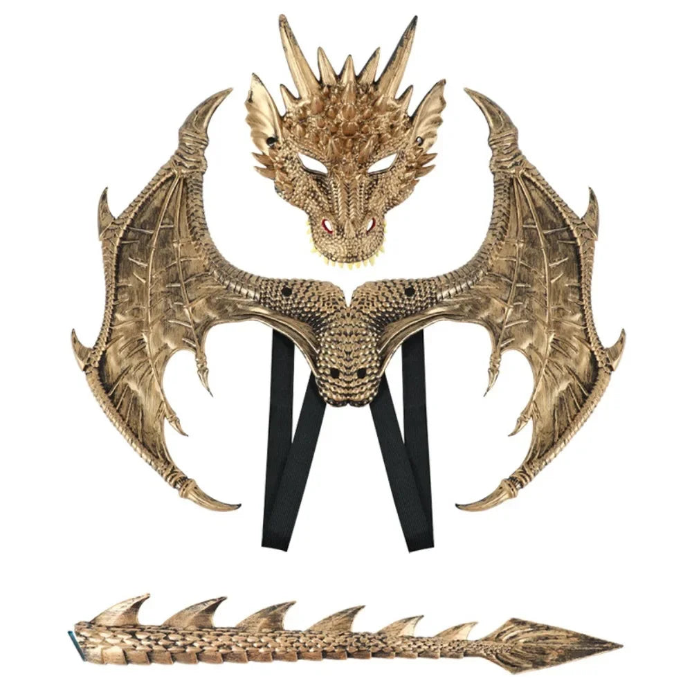 A set of dragon wings and tail costume for cosplay, featuring golden textured wings and a matching scaled tail.