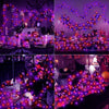 A collection of vibrant purple and orange LED string lights decorating a Halloween-themed table setting.