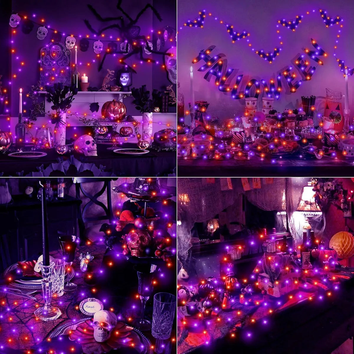 A collection of vibrant purple and orange LED string lights decorating a Halloween-themed table setting.