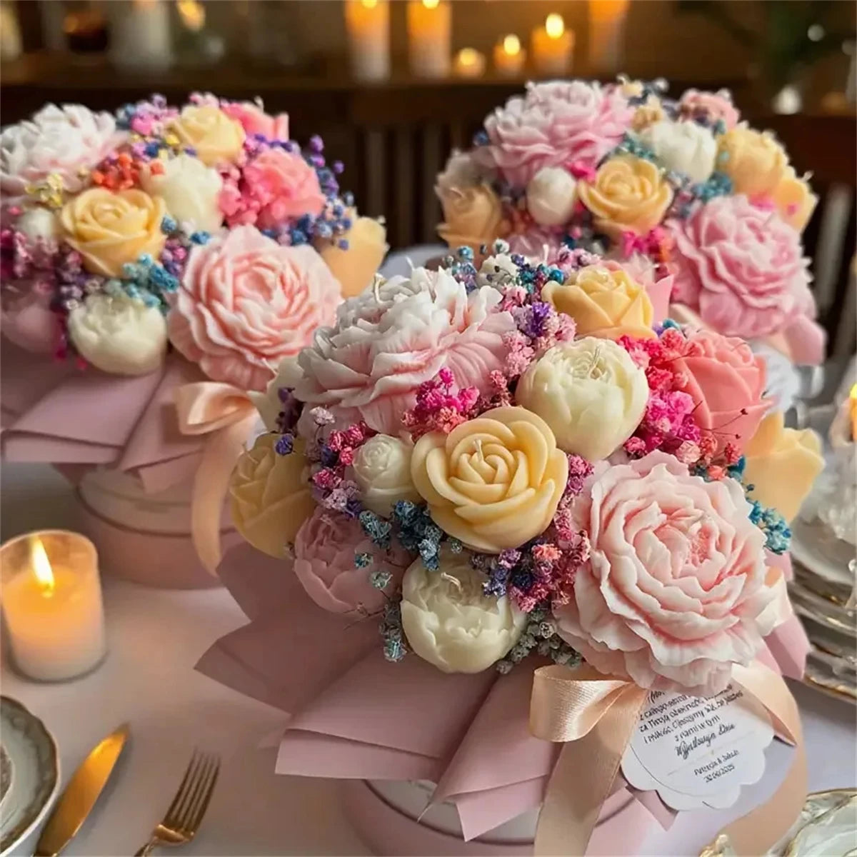 A bouquet of pink and cream floral silicone candle molds shaped like roses, peonies, and camellias.