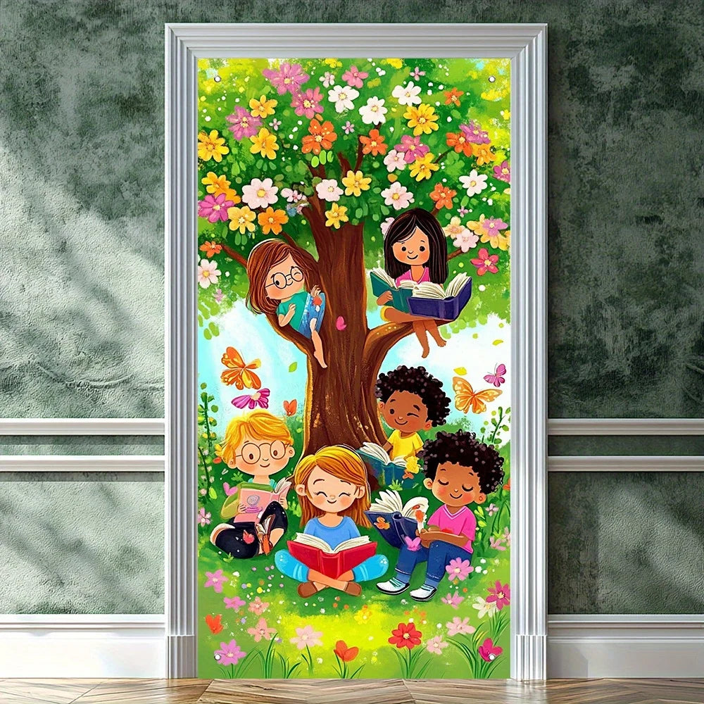 A vibrant painting featuring diverse children playing under a lush green tree surrounded by colorful spring flowers.