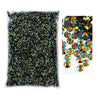 A clear plastic bag filled with black glitter and various colored resin rhinestones.