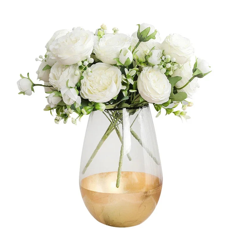 Silk Peony Artificial Flower Bouquet – 5 Blooms & 4 Buds in Rose Pink