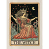 A tarot card illustration of The Witch featuring a crowned woman seated, surrounded by stars and red flowers.