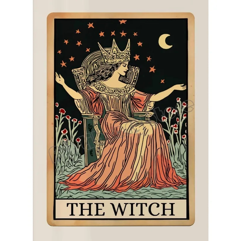 A tarot card illustration of The Witch featuring a crowned woman seated, surrounded by stars and red flowers.