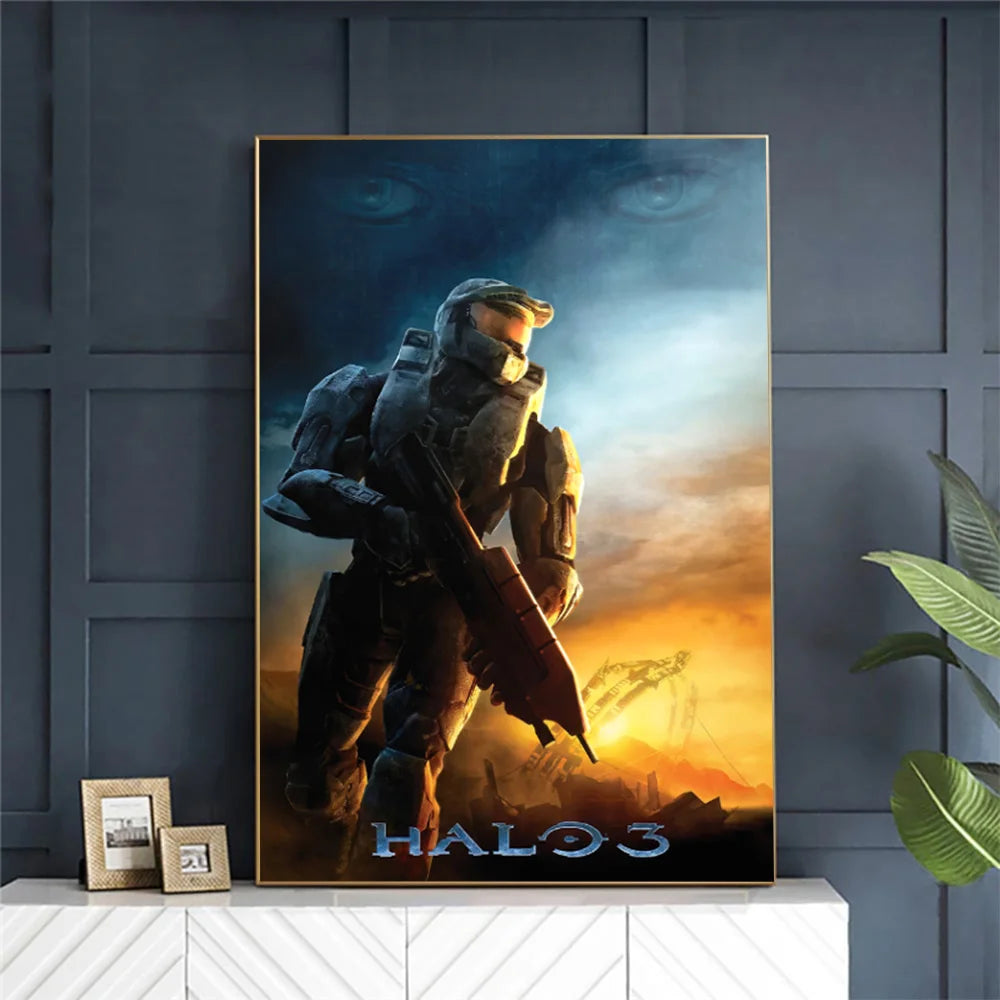 A canvas art print featuring a dark, intense depiction of a soldier in Halo 3 armor against an orange and yellow sunset backg