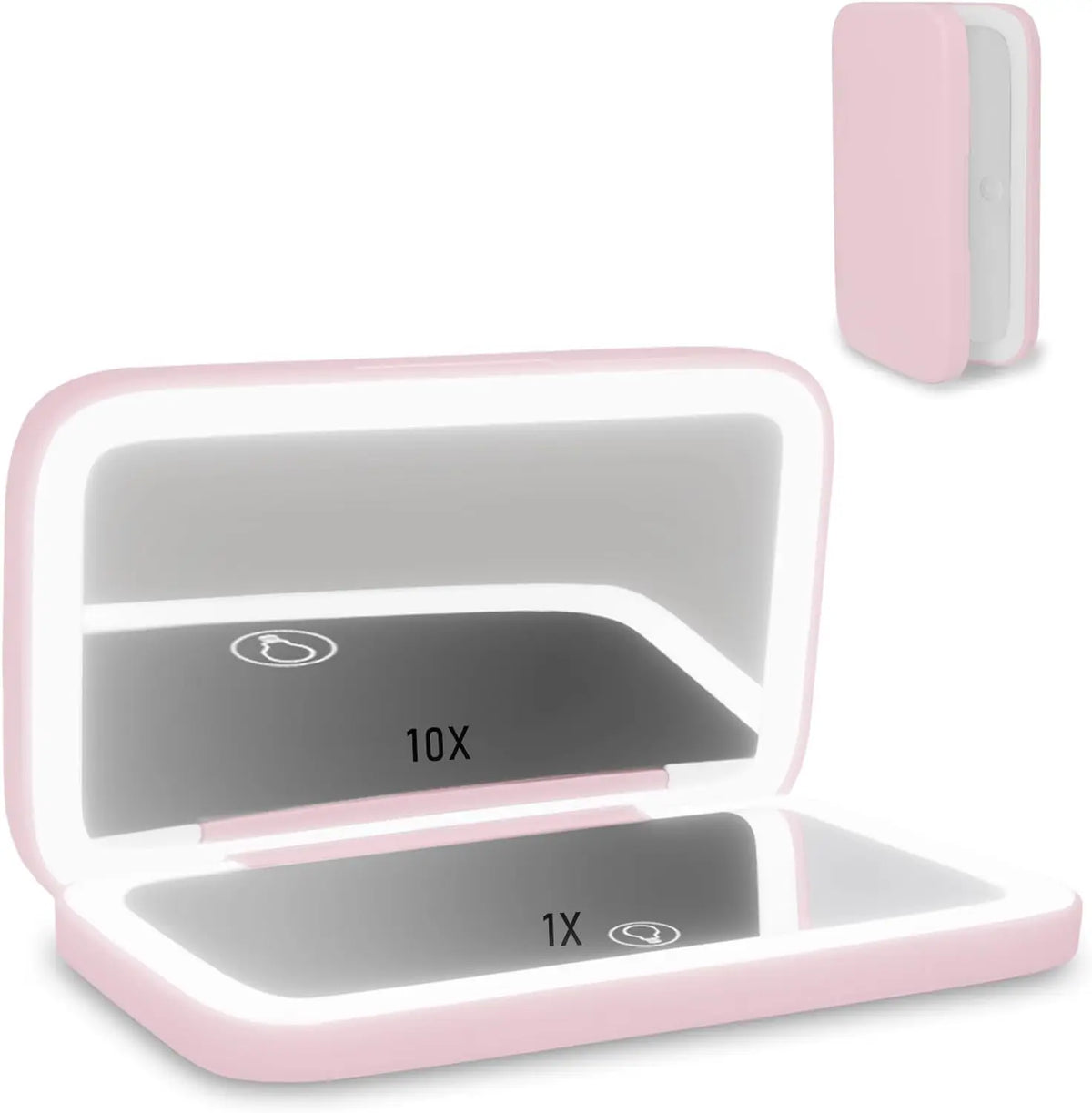 A pink portable touch screen makeup mirror with a light gray display showing 10x and 1x magnification settings.