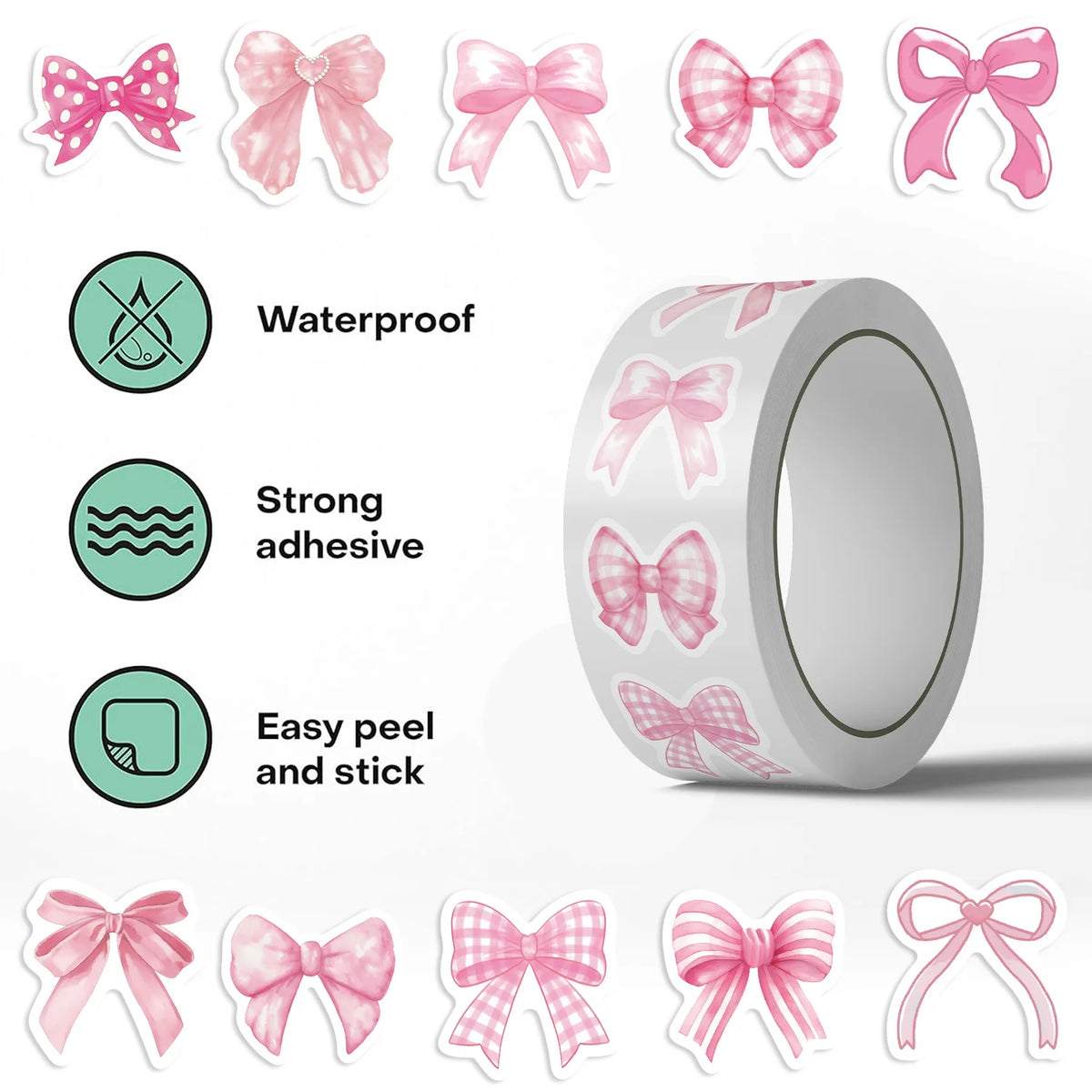 A set of pink decorative bow stickers and envelopes with waterproof adhesive for crafting or rewards.