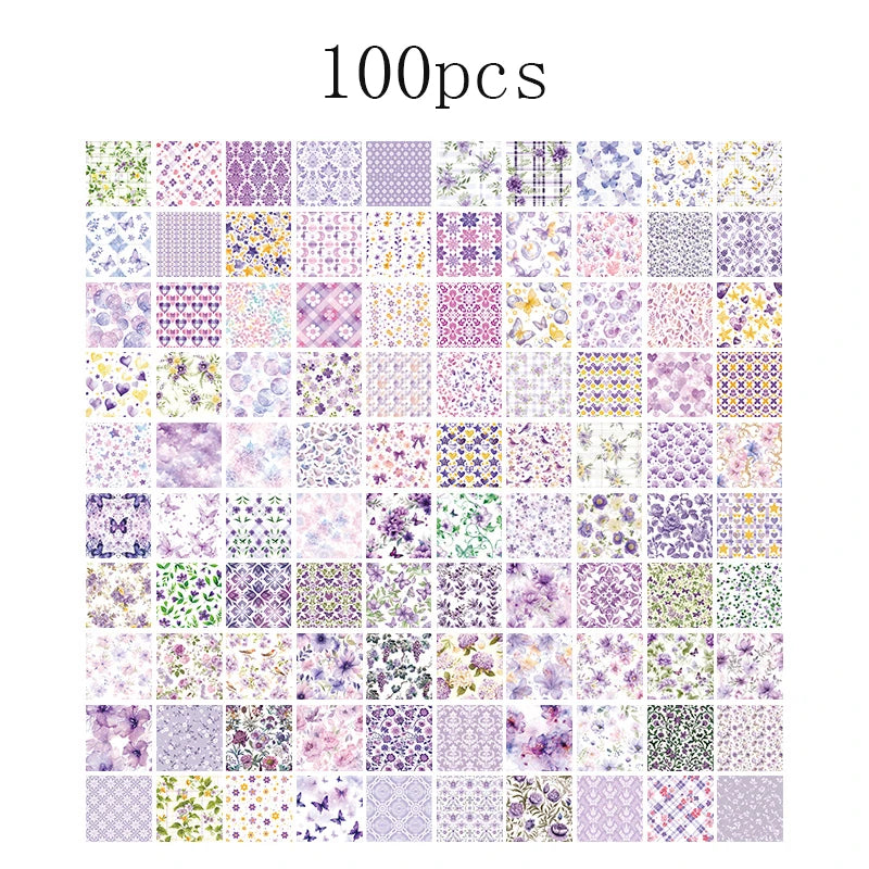 A grid of 100 vintage paper patterns and textures for junk journals and scrapbooking projects.