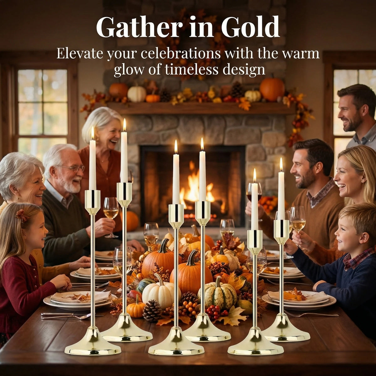 A set of gold metal taper candle holders arranged on a wooden table in front of a fireplace.