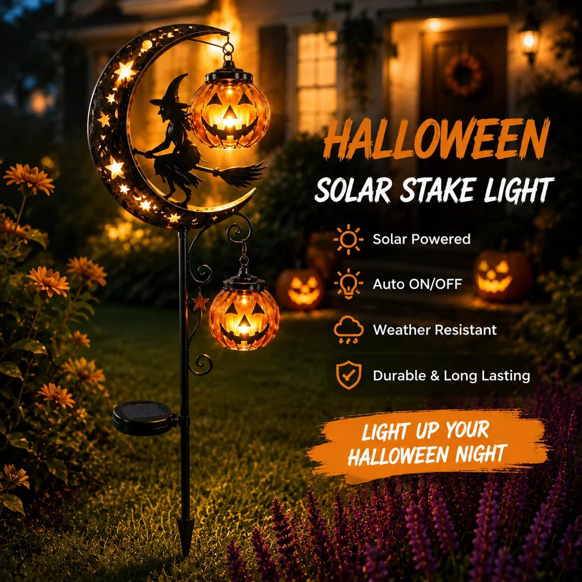 A solar stake light featuring a crescent moon and black cat design illuminating a Halloween night.