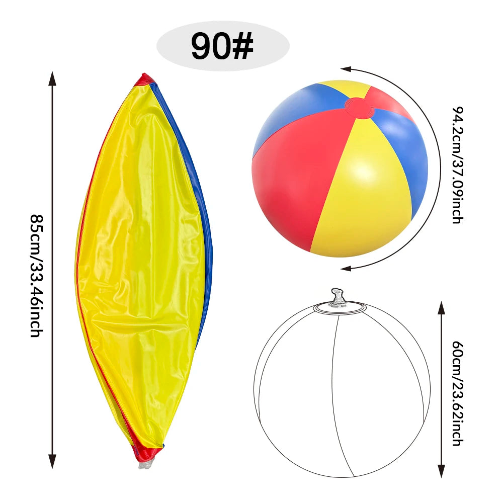 Yellow and blue inflatable pool party ball with a red accent, shown next to its flat and spherical forms.