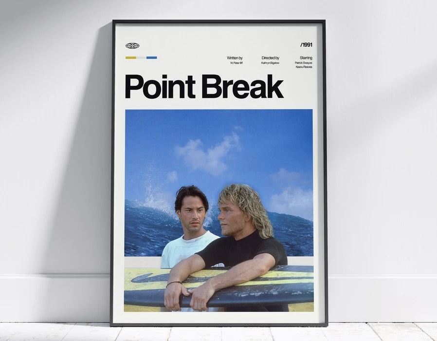 A framed poster titled Point Break featuring two men in a blue ocean setting.