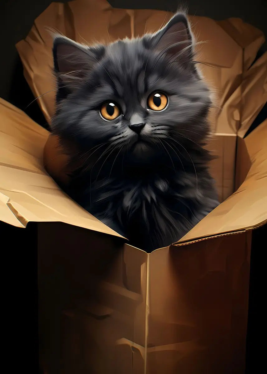 A fluffy gray and orange kitten peeks out of a brown cardboard box.