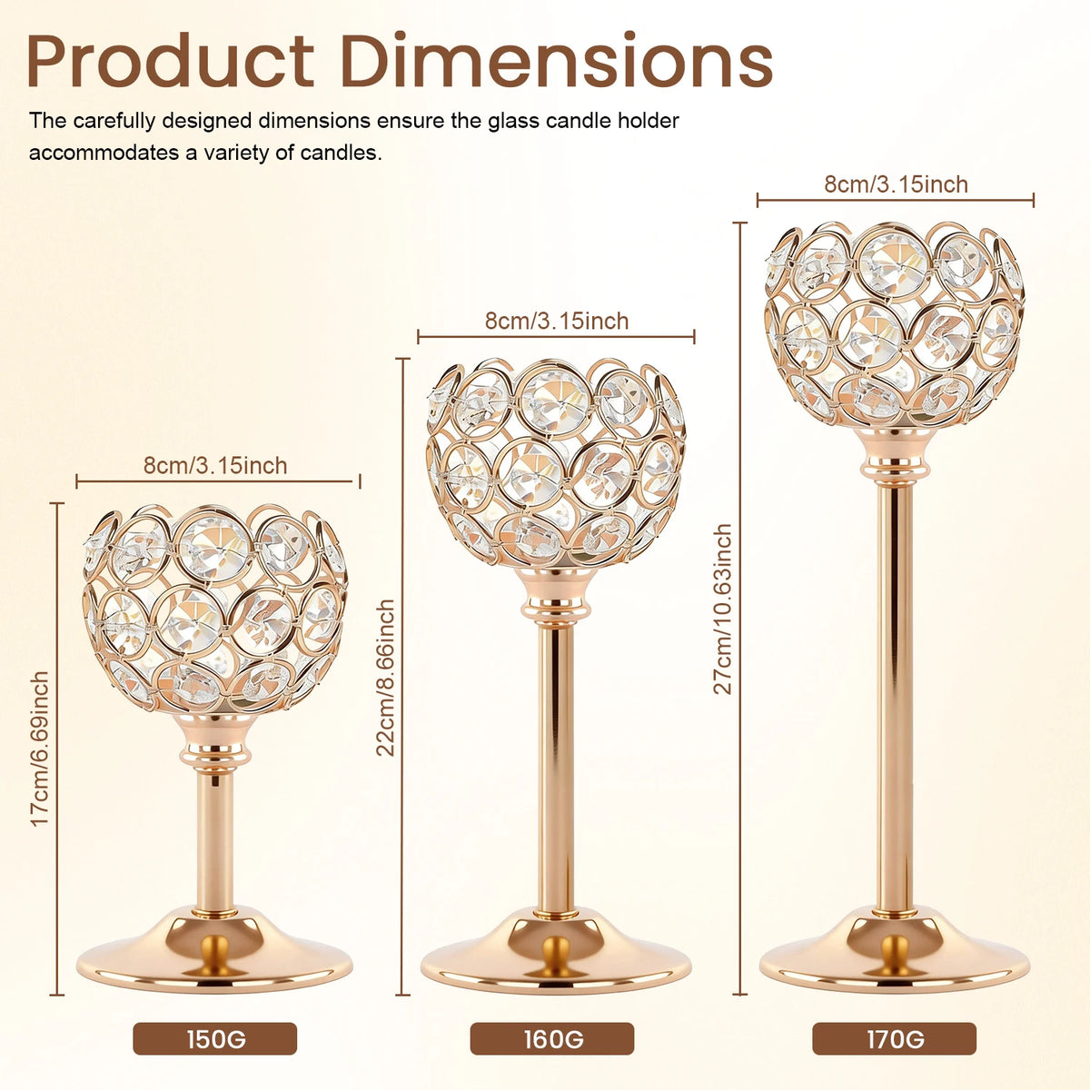 Three gold-toned metal glass candle holders shown in different weights 150G, 160G, and 170G
