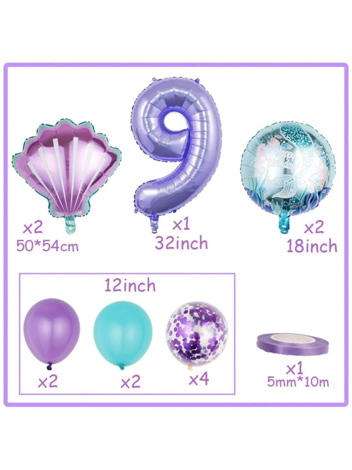 Mermaid balloon party decoration set including a purple number 9, balloons, and a 5mm ribbon roll.